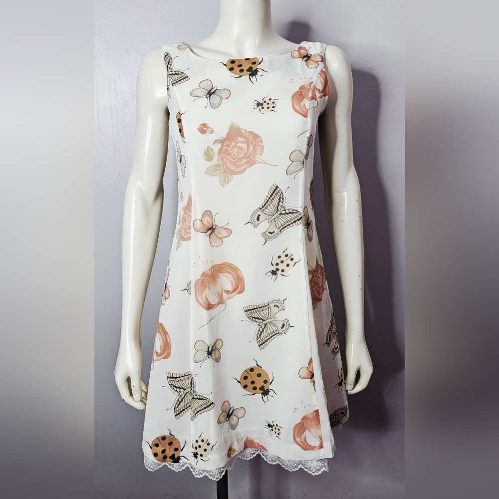 Vintage 90s Floral Butterfly Ladybug Print Dress